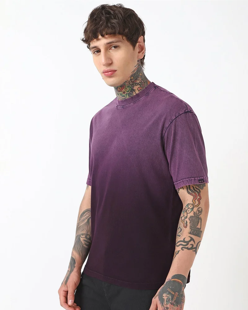 bewakoof Men's Plum Purple Oversized Ombre Acid Wash T-shirt